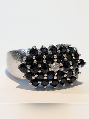 Vintage Dark Blue Sapphire And Cubic Zirconia 925 Silver Cluster Cocktail Ring 7